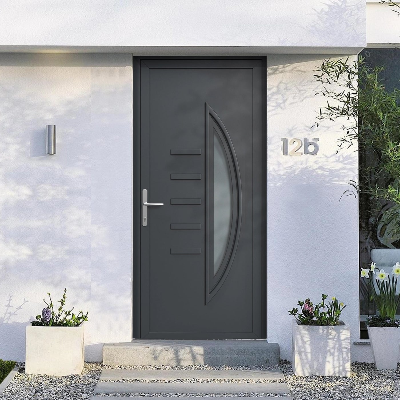 Porte d'entrée aluminium anthracite à vitrage courbe